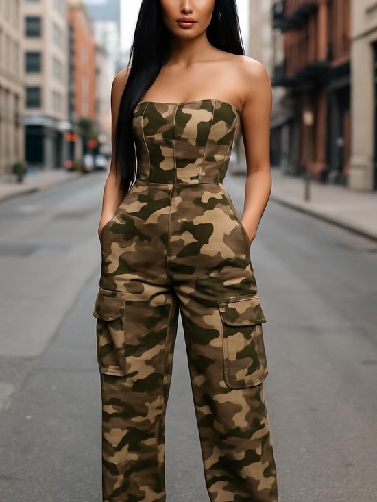 Arden B Pants - Arden B Strapless Camo Cargo Jumpsuit - Olive & Tan Size S